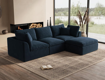110" Cloud Sectional Couches, Boneless L-Shaped Couch with Ottoman, Modular Sectional Sofa, Dark Blue