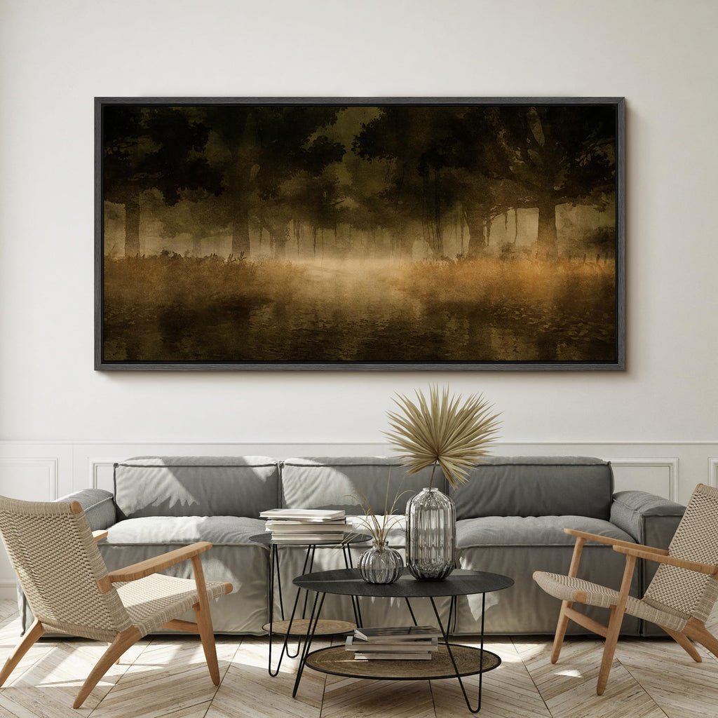 Extra Large Framed Canvas Misty Forest in Earth Tones Watercolor Illustrations Modern Art Calm Warm - 60"" x30