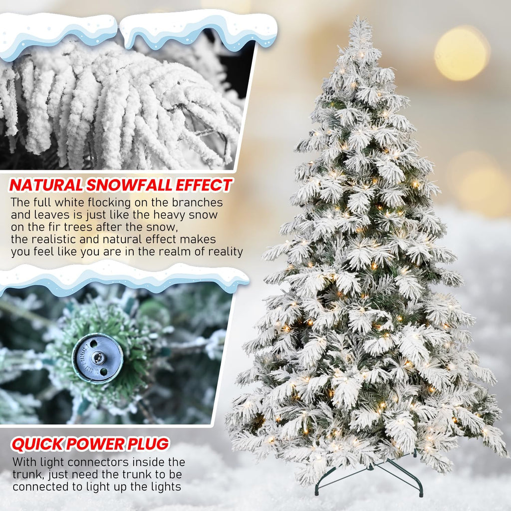 Prelit Flocked Christmas Tree, Premium Artificial Christmas Tree with 594 Branch Tips and 270 Warm White Lights