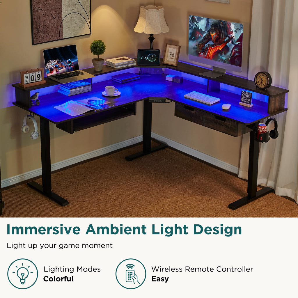 Electric L Shaped Standing Desk, 60" Motor Height Adjustable Sit Stand Corner Desk with Led, Large Home Office Desk