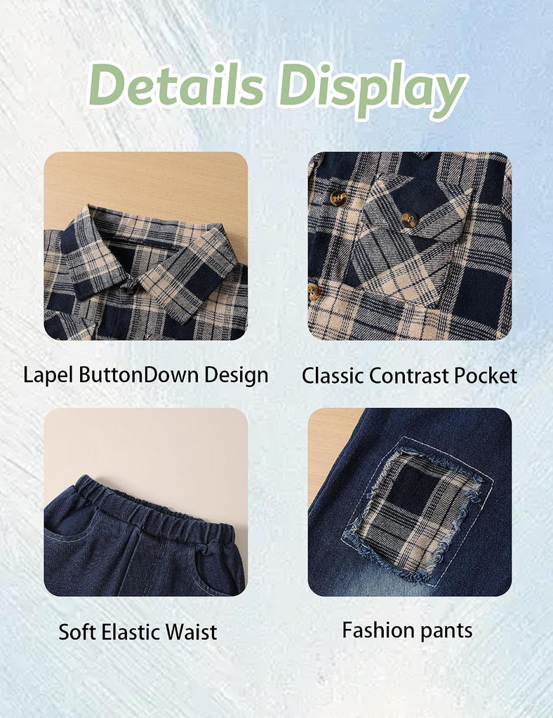 Toddler Boy Clothes Plaid Shirt Jacket White T-shirt and Jeans Pants 3PCS Boys Fall Winter Outfits