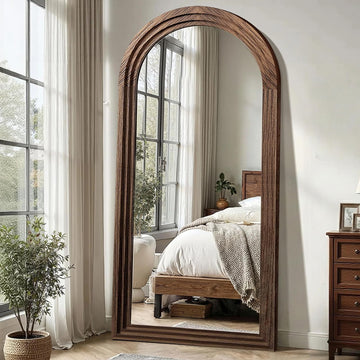 Arched Full Length Mirror with Stand, 75x35 Brown Wood Floor Mirror