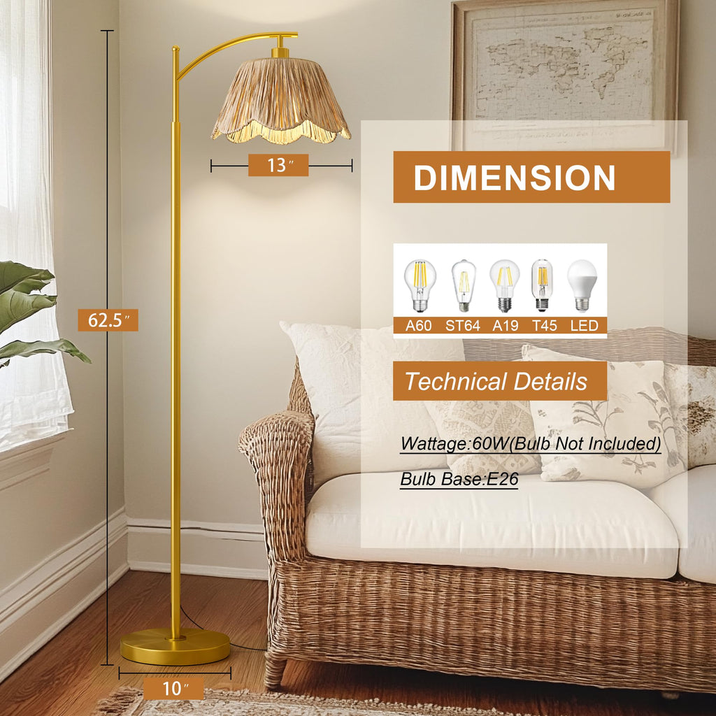 Arc Floor Lamp,Rattan Boho Floor Lamp Decor with Hand-Woven Shade, Foot Switch,Gold Metal Base & Pole,Farmhouse