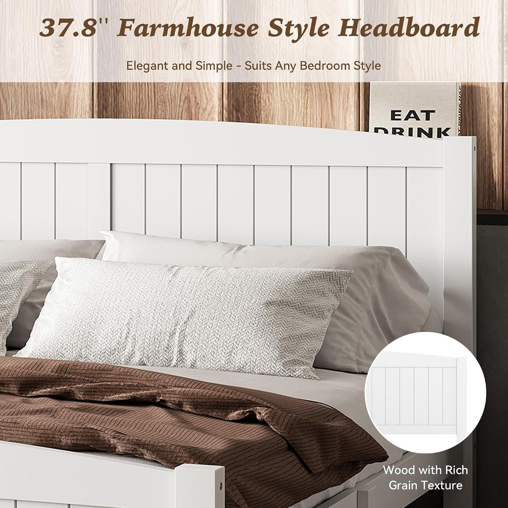 Queen Farmhouse Bed Frame with Headboard & Footboard, White Mid-Century Modern Platform Bed Queen, Vintage Solid Wood