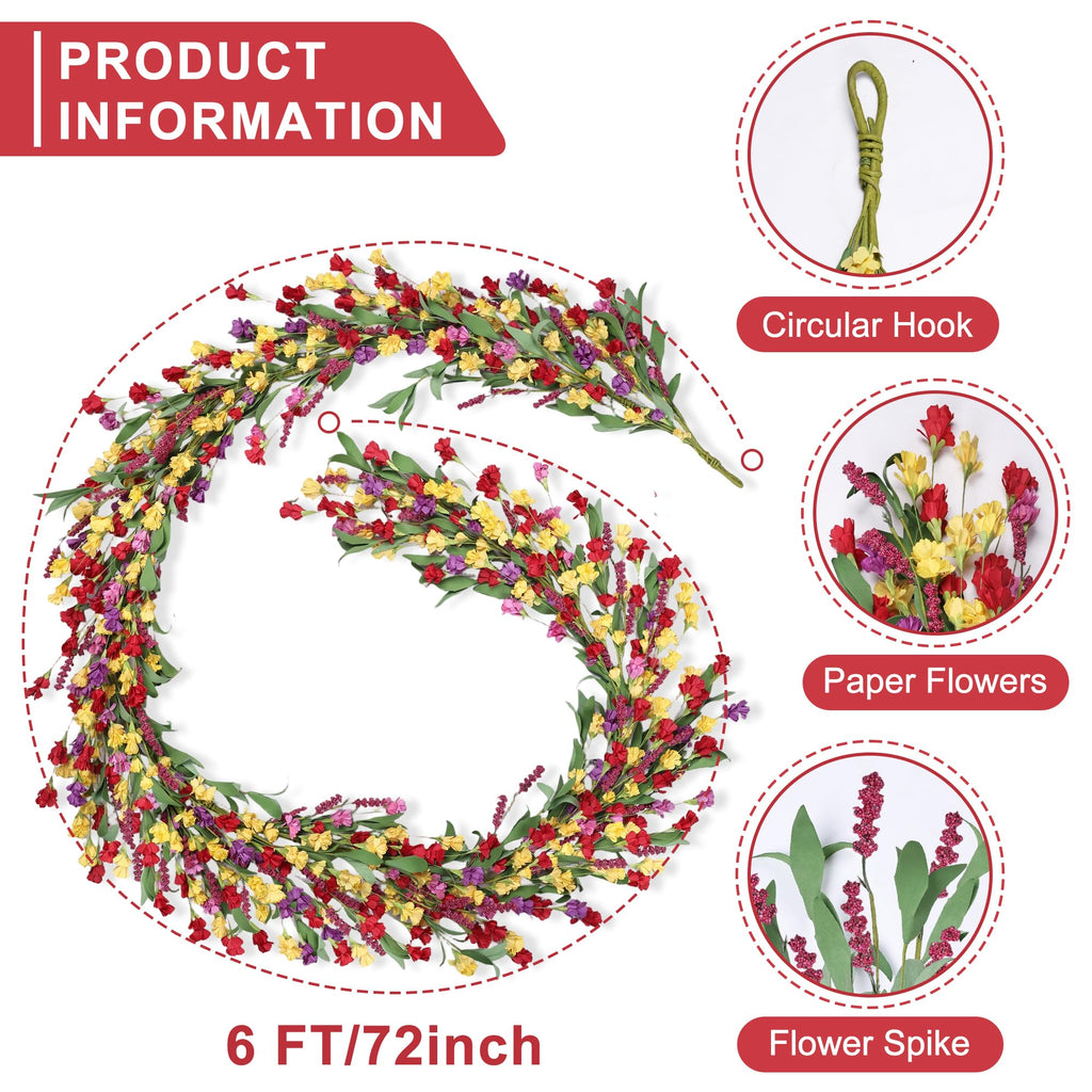 6ft Spring Summer Flower Garland, Artificial Floral Vine for Wall Backdrop Mantle Fireplace Stair Table Wedding Arch
