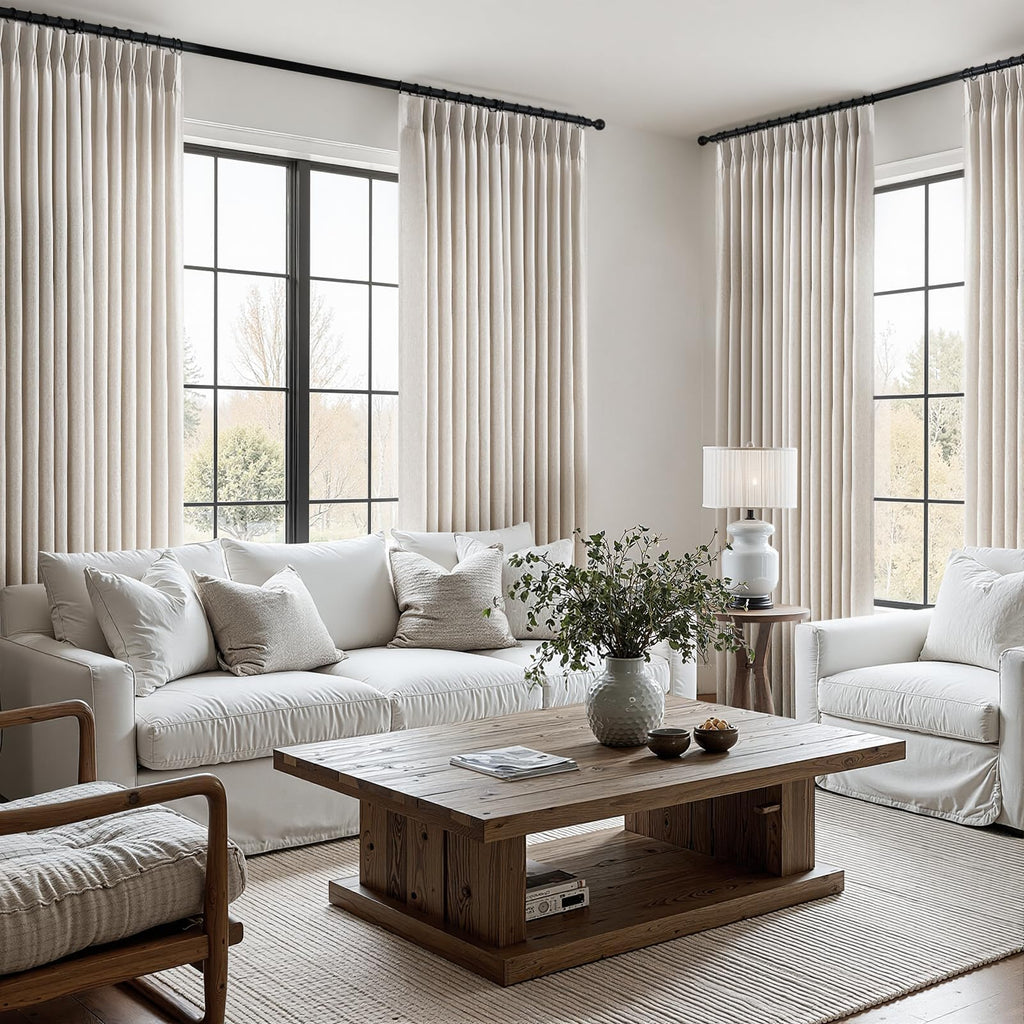 Oatmeal Pinch Pleated Linen Curtains 96 Inch 2 Panels Living Room