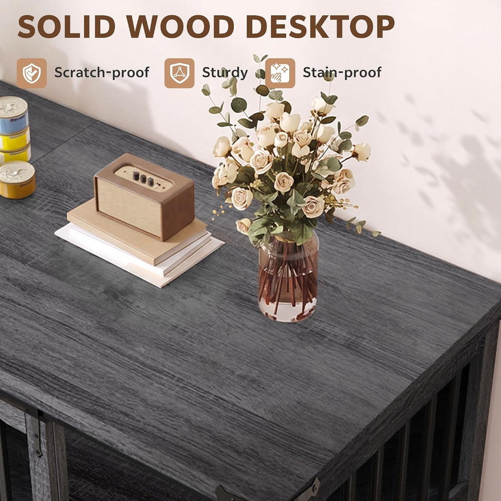 Double Dog Crate Furniture with Barn Sliding Doors Grey