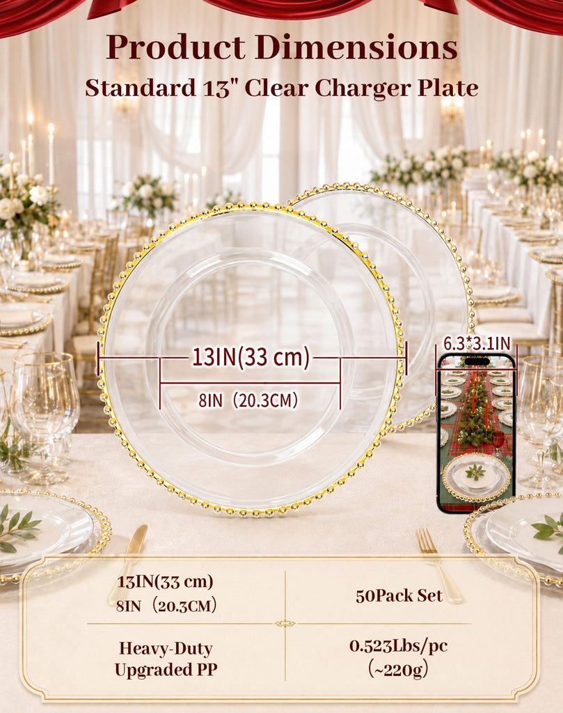 Clear Charger Plates Bulk 50Pcs, 13" Gold Beaded Chargers Wedding