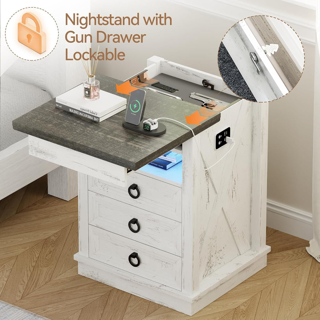 Farmhouse Nightstand with Gun Drawer Set of 2, Human Sensor LED Bedside Table with LED Lights & Charging Station