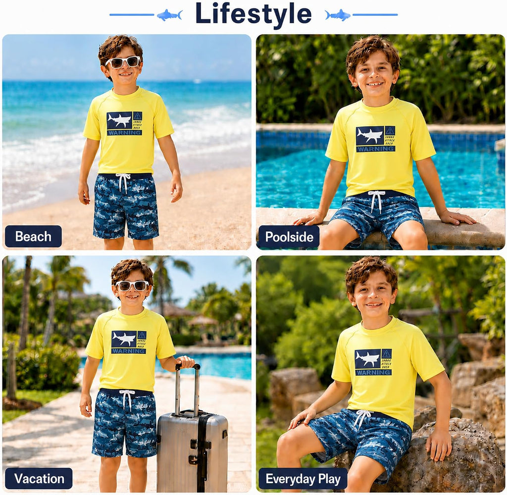Boys Piece UPF 50 Short Sleeve Rash Guard & Swim Trunks