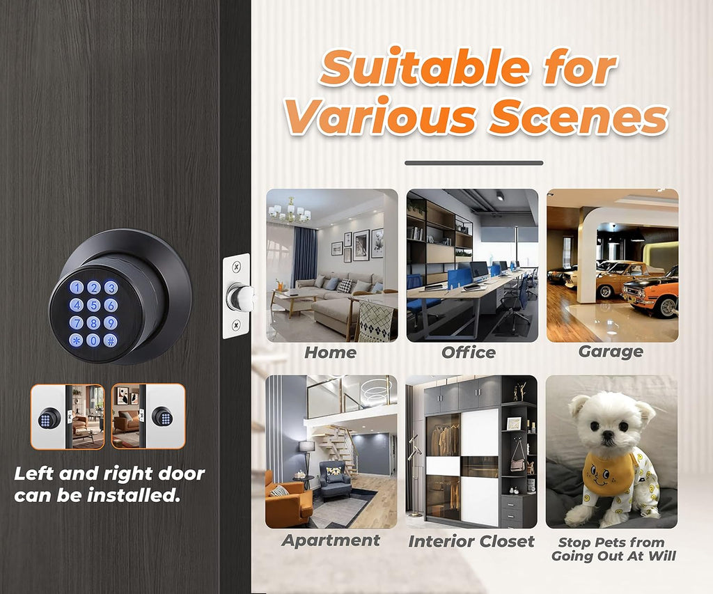 Keypad Door Knob Lock, Keyless Entry Door Knob with Handle, Black