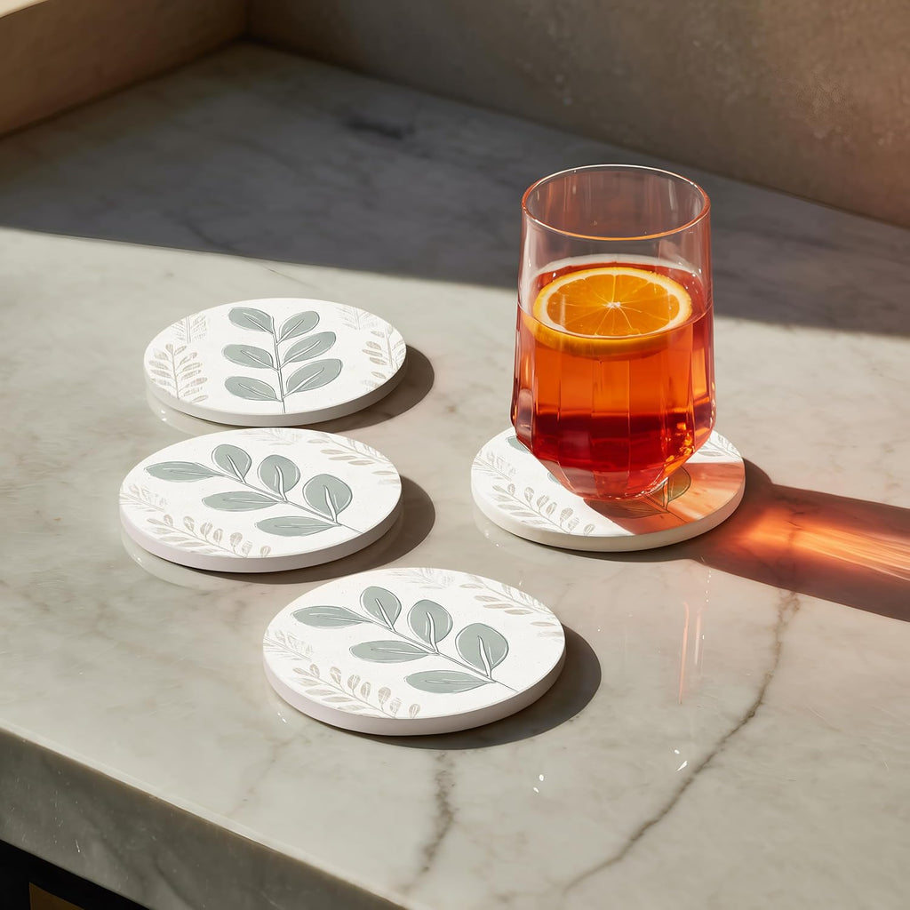 Ceramic Coasters - Absorbent Stone Drink Coasters with Holder, Non-Slip Cork Backing, Modern Marble Look - Set of 6