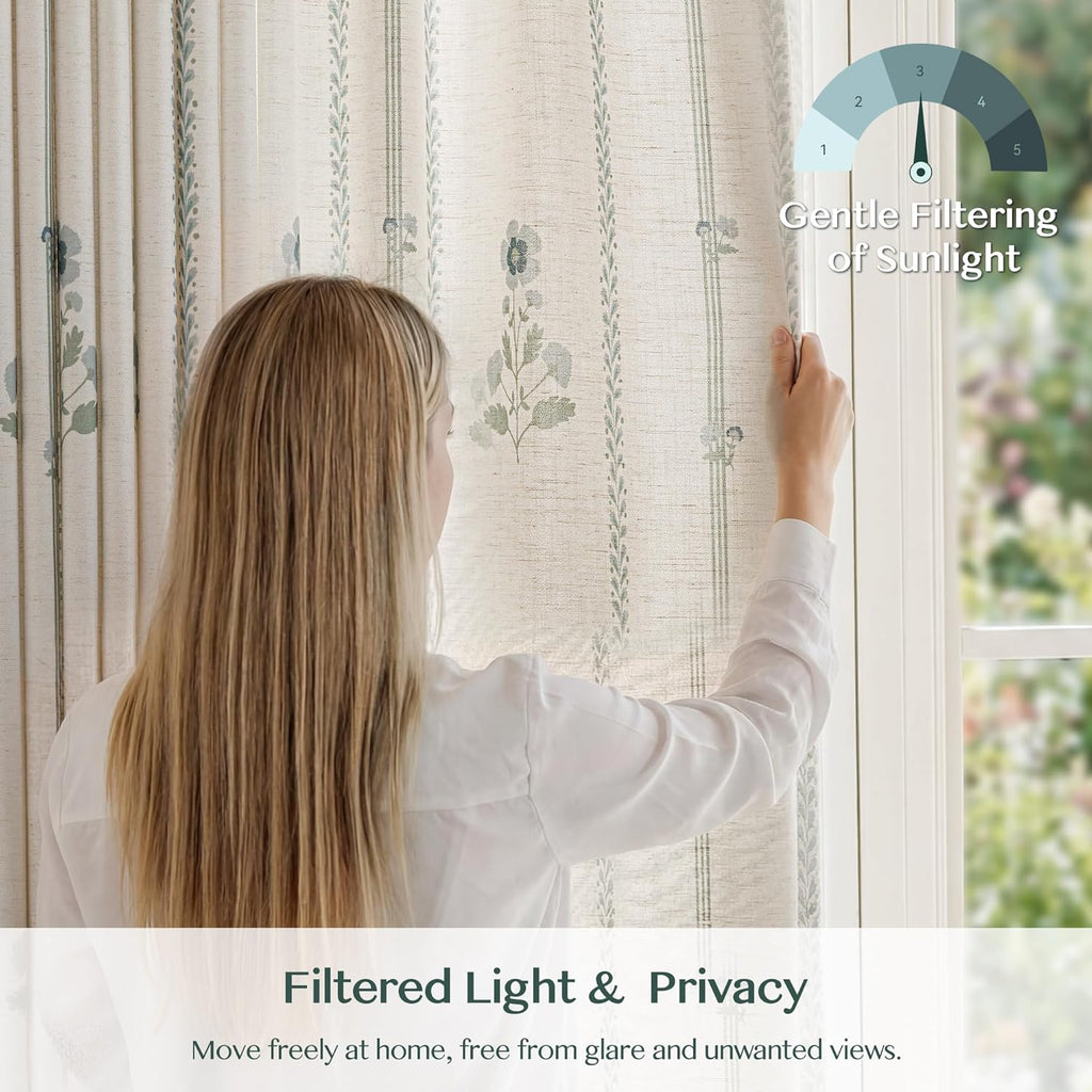 Pinch Pleated Curtains for Living Room Bedroom Dining Room - 84 Inches Light Filtering Floral Curtains Luxury Linen