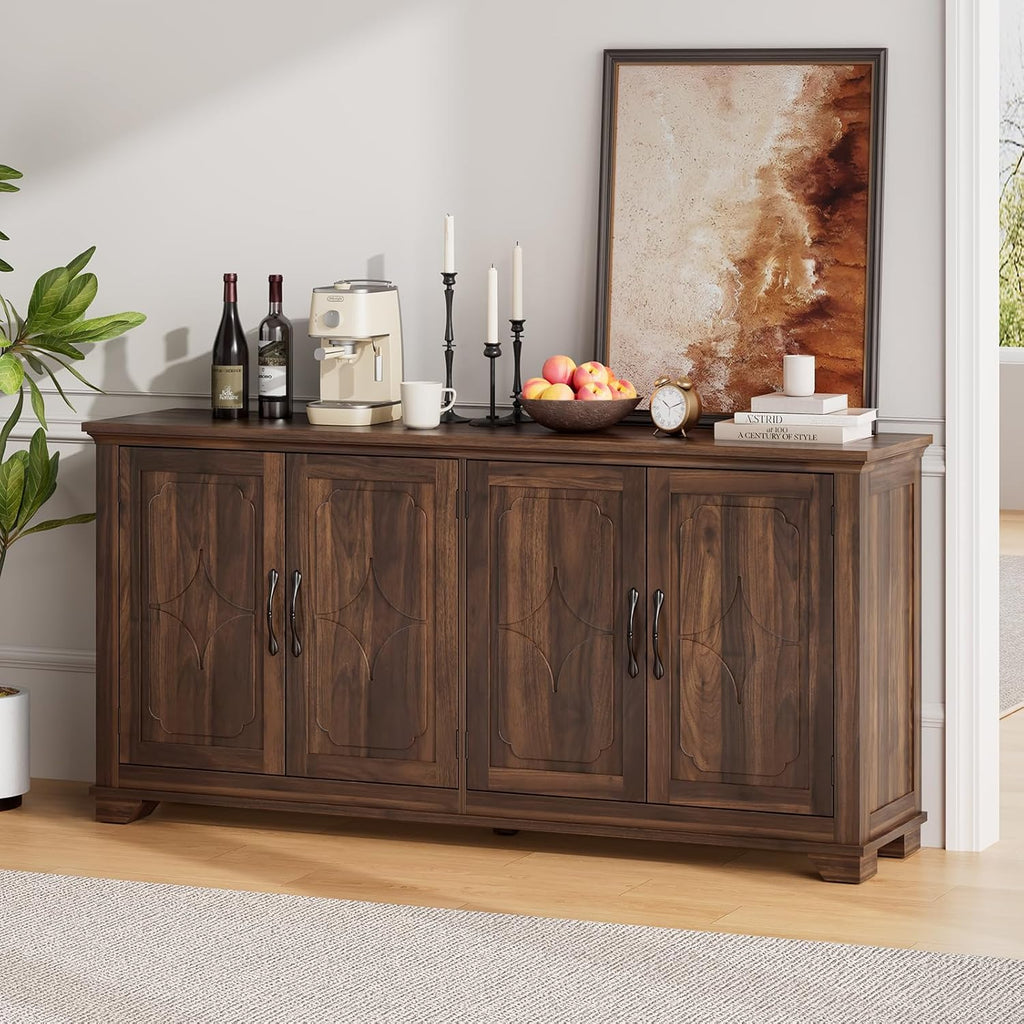 63 Inch Buffet Cabinet with Storage, Large Sideboard Cabinet with 4 Carved Doors