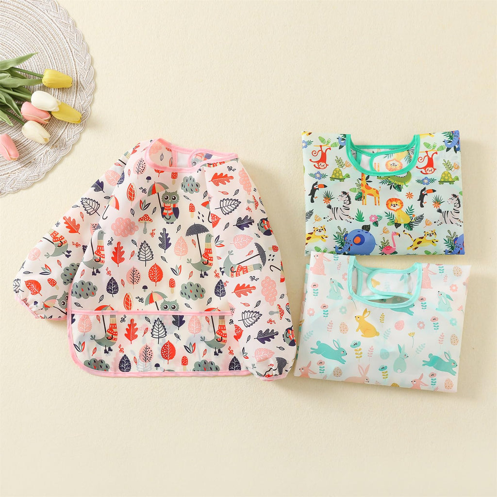3 Pcs Waterproof Long Sleeves Baby Bibs Weaning Smock Bib 3-30 Months