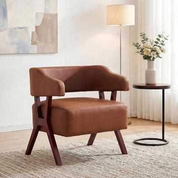 Faux Leather Barrel Accent Chair with Solid Wood Frame (Brown,1)