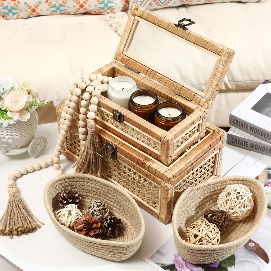 Boho Rattan Decorative Box with Glass Lid - Set of 2