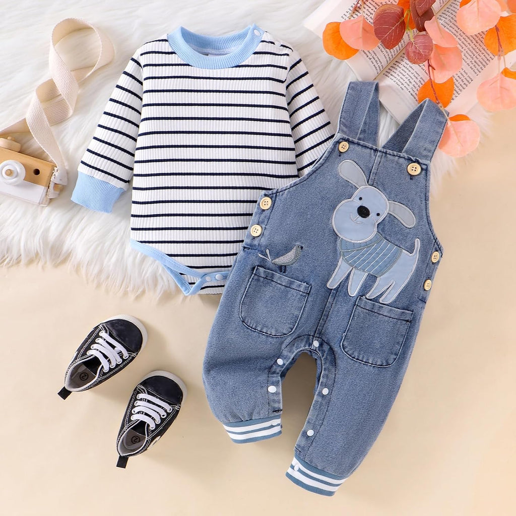 Baby Boy Clothes Fall Winter Outfits Long Sleeve Striped Romper Cute Cartoon Jeans Overalls Pants Set