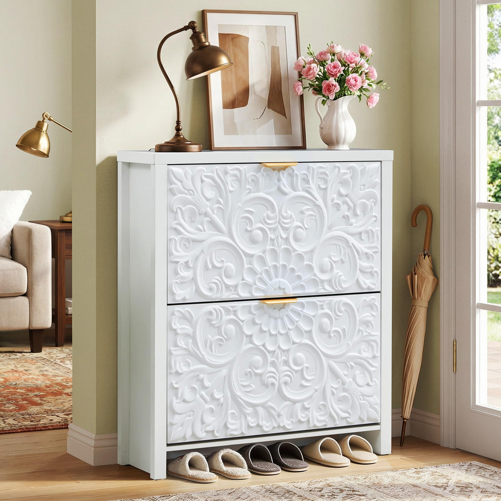Shoe Cabinet Set of 2, 2-Tier Flip-Drawer Storage (White, 2)