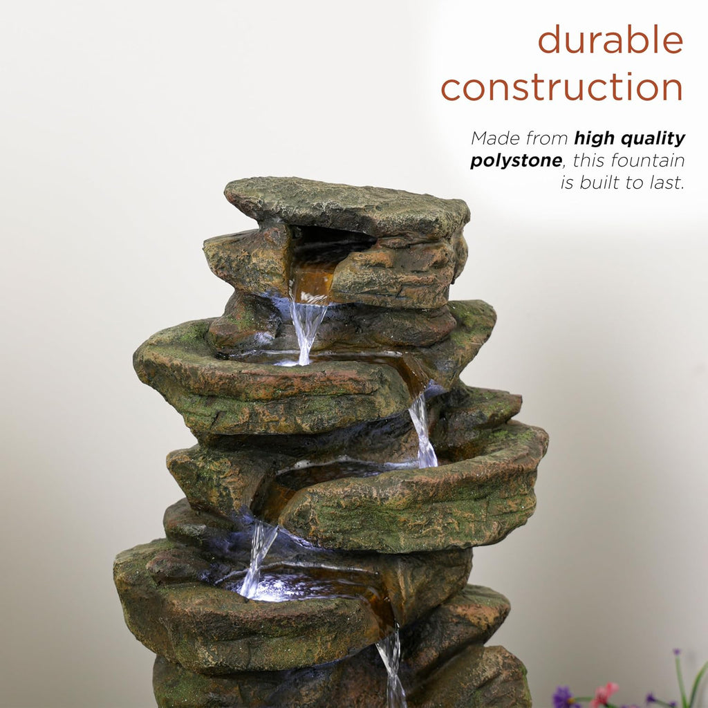20" H Outdoor Multi-Level Rock Floor Fountain with LED Lights, Brown