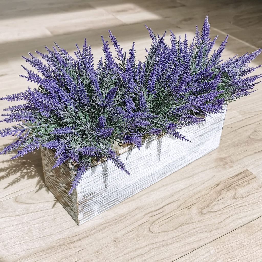 Fake Lavender Flower Arrangement in Rustic Rectangular Wood Planter Box Artificial Potted Lavender Plant for Gifts