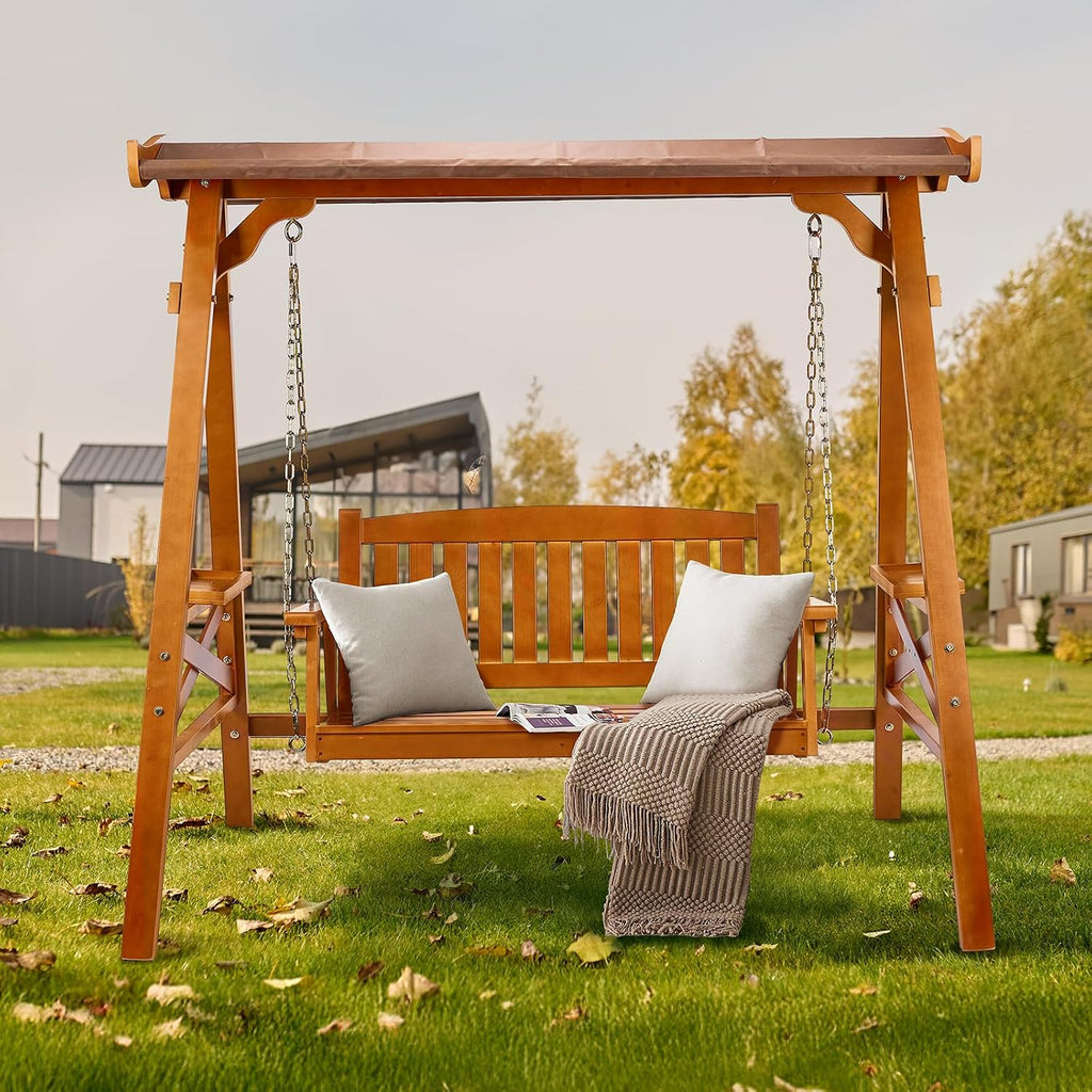 Porch Swing with Canopy and Stand, Waterproof Outdoor Swing, Brown | Waterproof Sunshade Canopy; Stable Swing Frame;