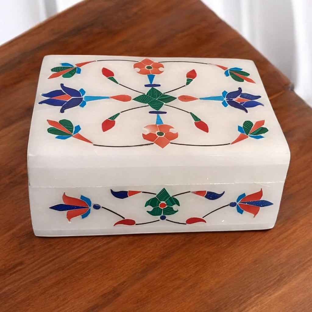 Marble Jewelry Box Organizer - Decorative Trinket Box - Hand carved Floral Design - Keepsake Box | Anniversary