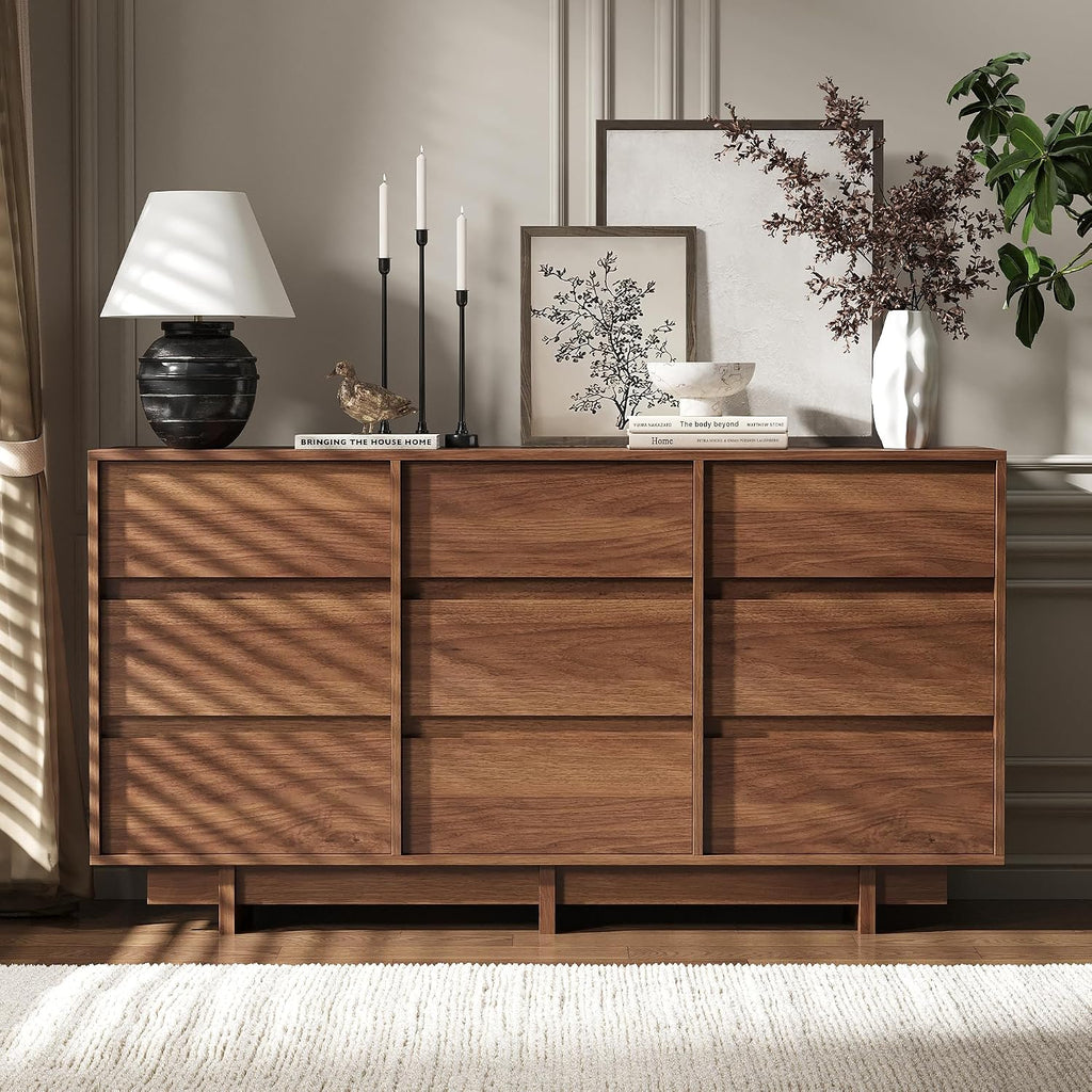 Walnut Dresser , 59" Wide 9 Drawer Dresser, Mid Century Modern Dressers Chest of Drawers, Wooden Large Dressers