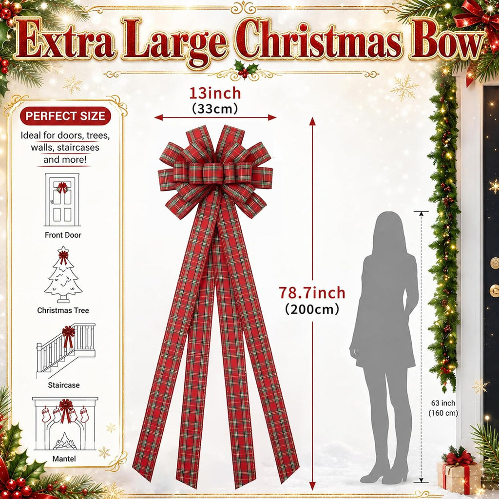 Large Christmas Tree Topper Bow Red Green Plaid Bows, Fresh Color