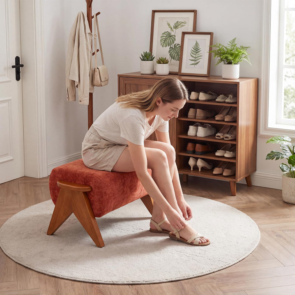 Linen Padded footstools Mid Century Modern Ottoman with Wood Frame, Lounge Upholstered Ottoman, Reading Chair, Sturdy