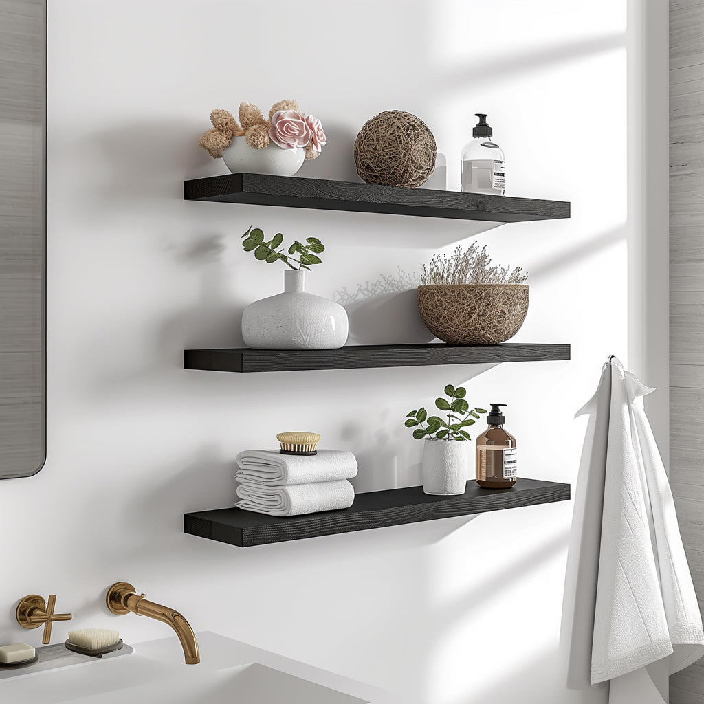 24 Inch Wood Floating Shelves for Wall, Wooden Wall Shelves, Set of 6 Black