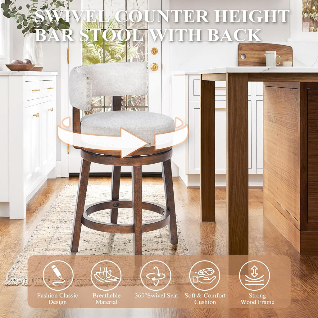Swivel Counter Height Bar Stools Set of 3, 25 Inch Modern Upholstered Kitchen Island Barstools with Back, Wood Swivel