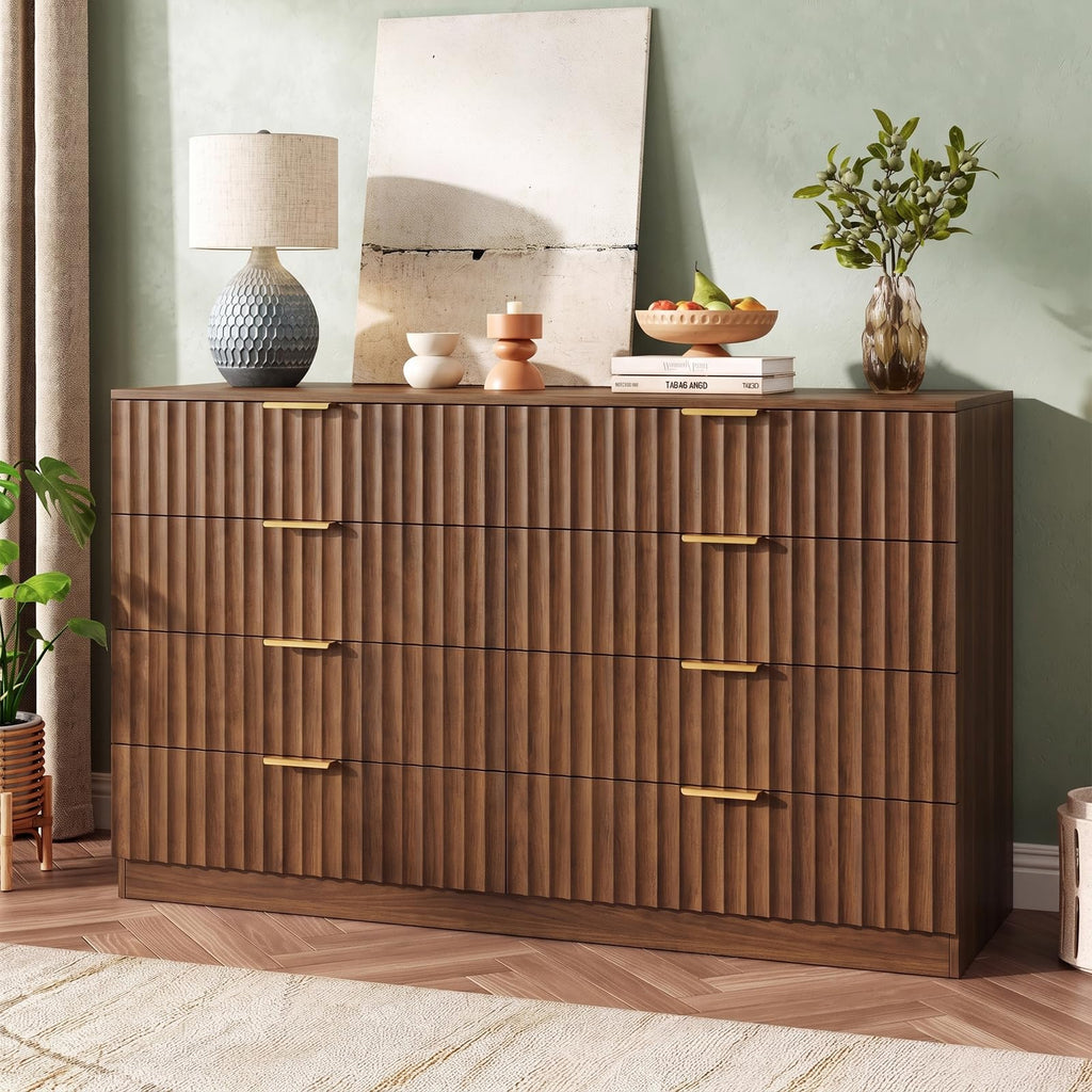 47.2" Wide Fluted 8 Drawer Dresser, Walnut