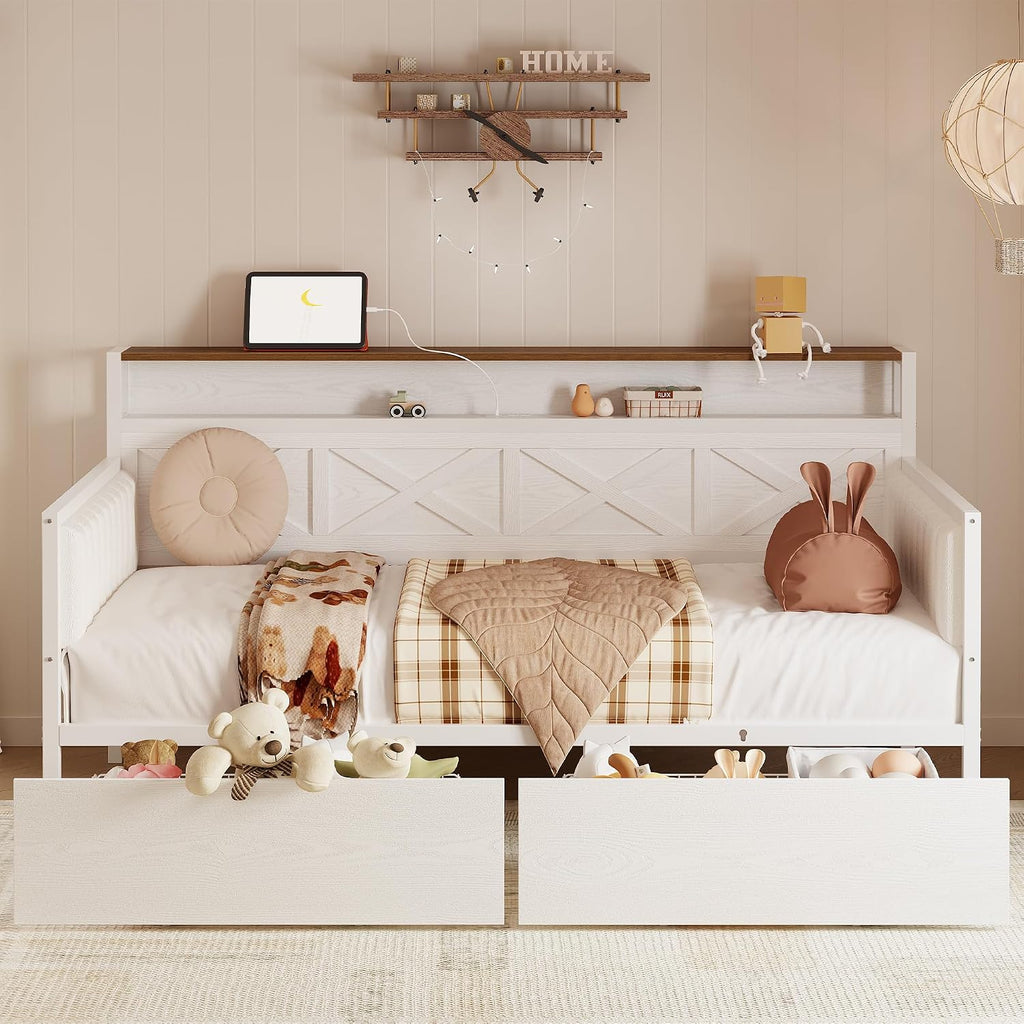 Twin Size Daybed with Storage Drawers, Sturdy Metal Bed Frame with X-Shaped Headboard and Charging Station
