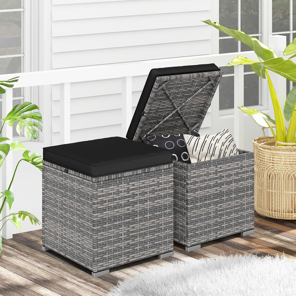 Patio Ottoman Set of 2, Outdoor Wicker Stools with Storage, Rattan Footrest Ottoman with Solid Metal Frame and