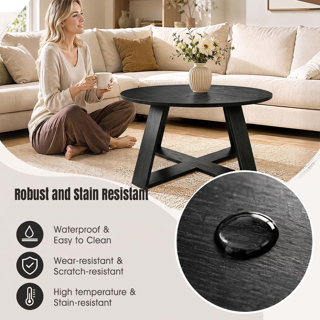 Round Coffee Table with Open Storage Black Wooden