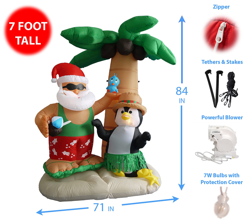 7 Foot Inflatable Santa Claus & Penguin on an Island w/ Palm Tree