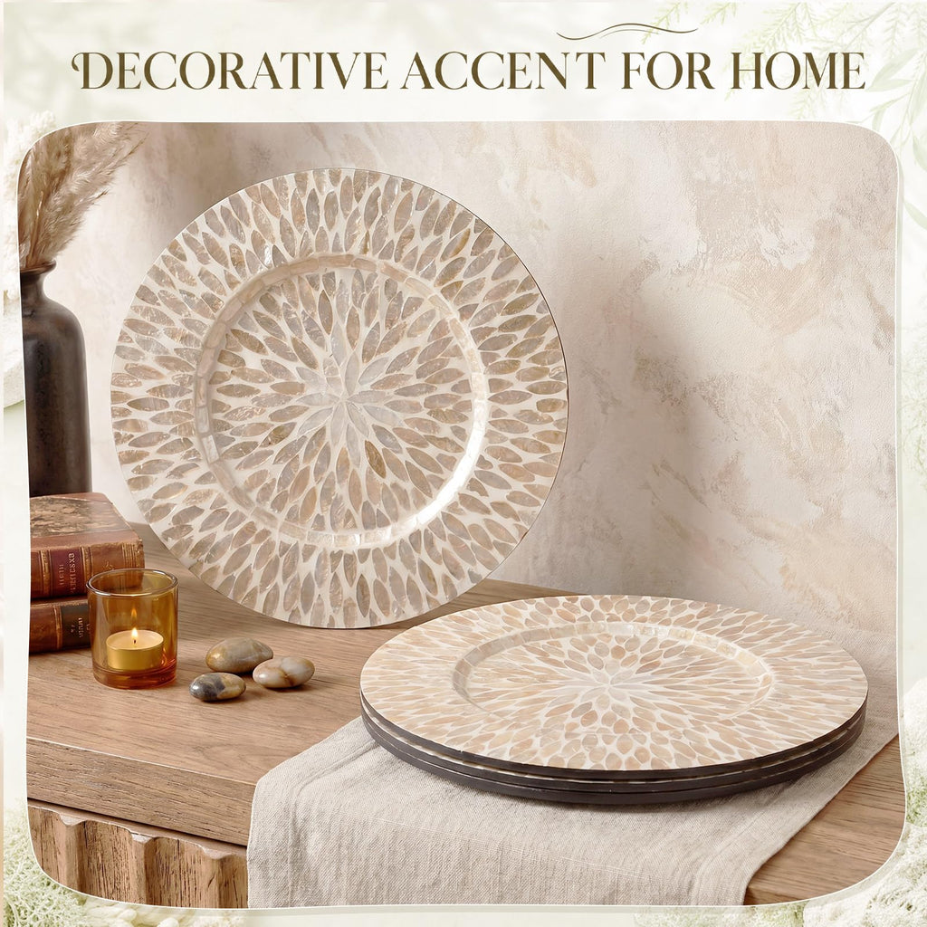 4 Pack Mother of Pearl Charger Plates 13 Inch, Gold, Leaf