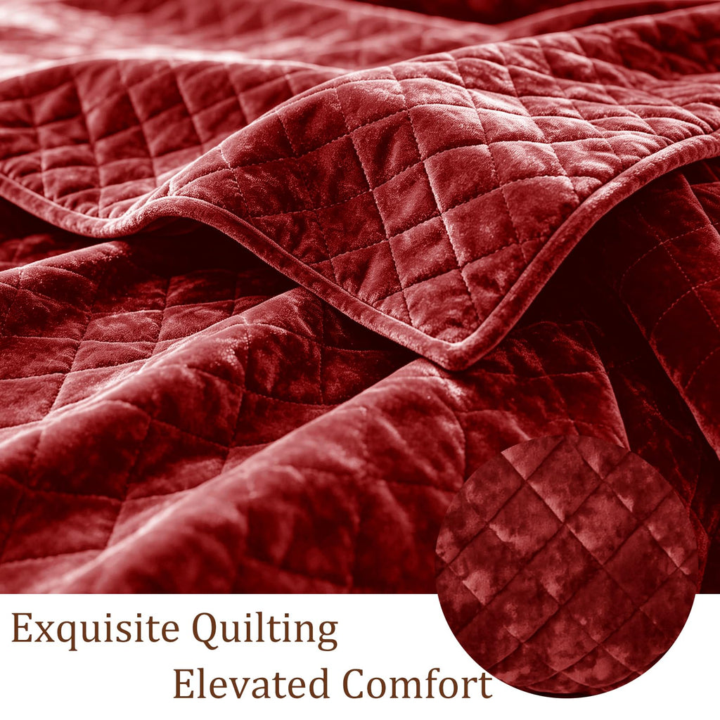 Oversized King Quilt 120x120 Velvet Red Bedspread Set