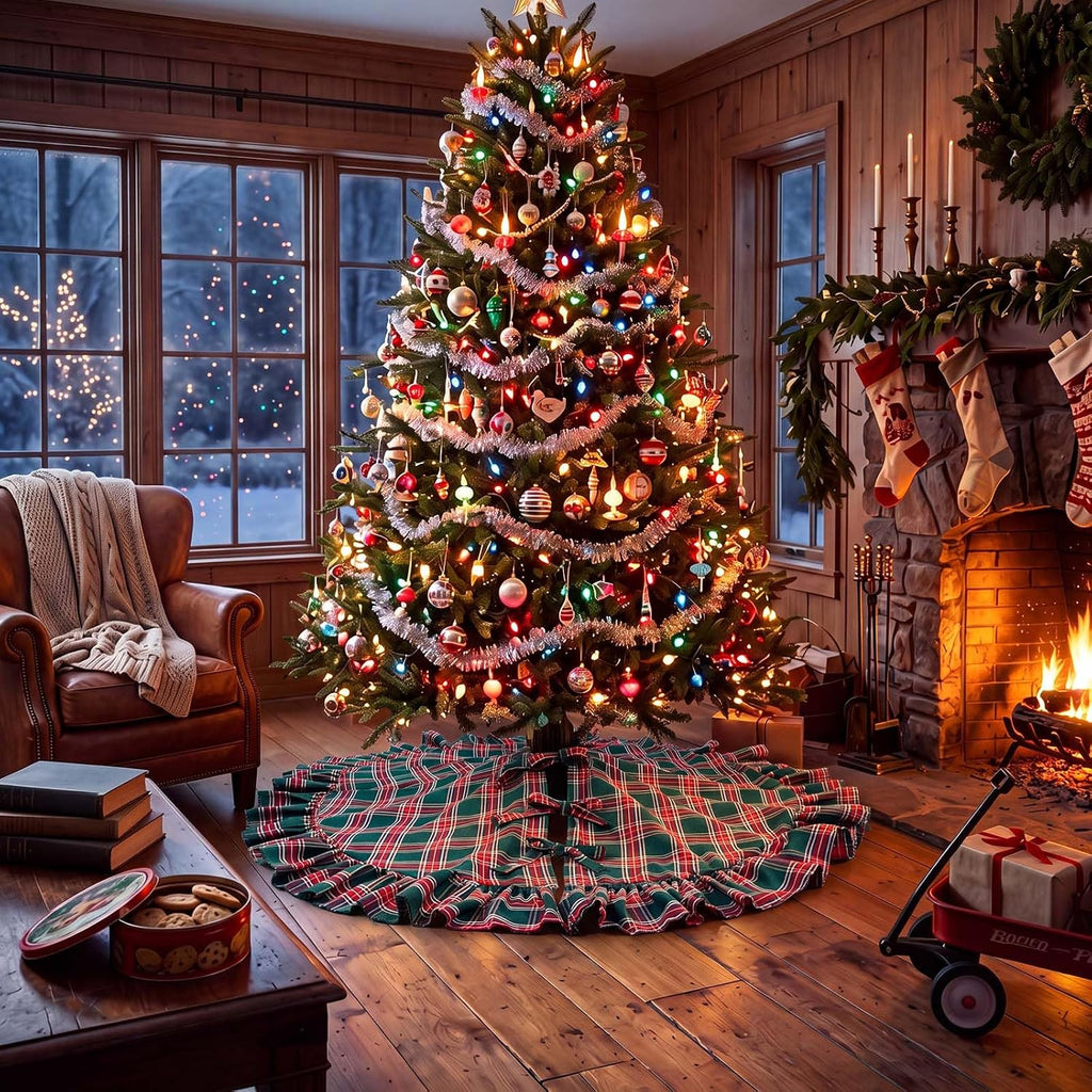 48 Inch Plaid Christmas Tree Skirt with Ruffle, Red Green Yellow