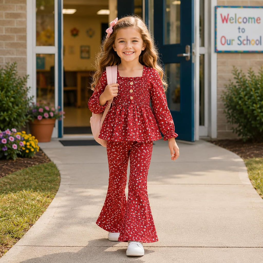 Toddler Girl Outfits Smocked Peplum Top with Kick Flare Pants