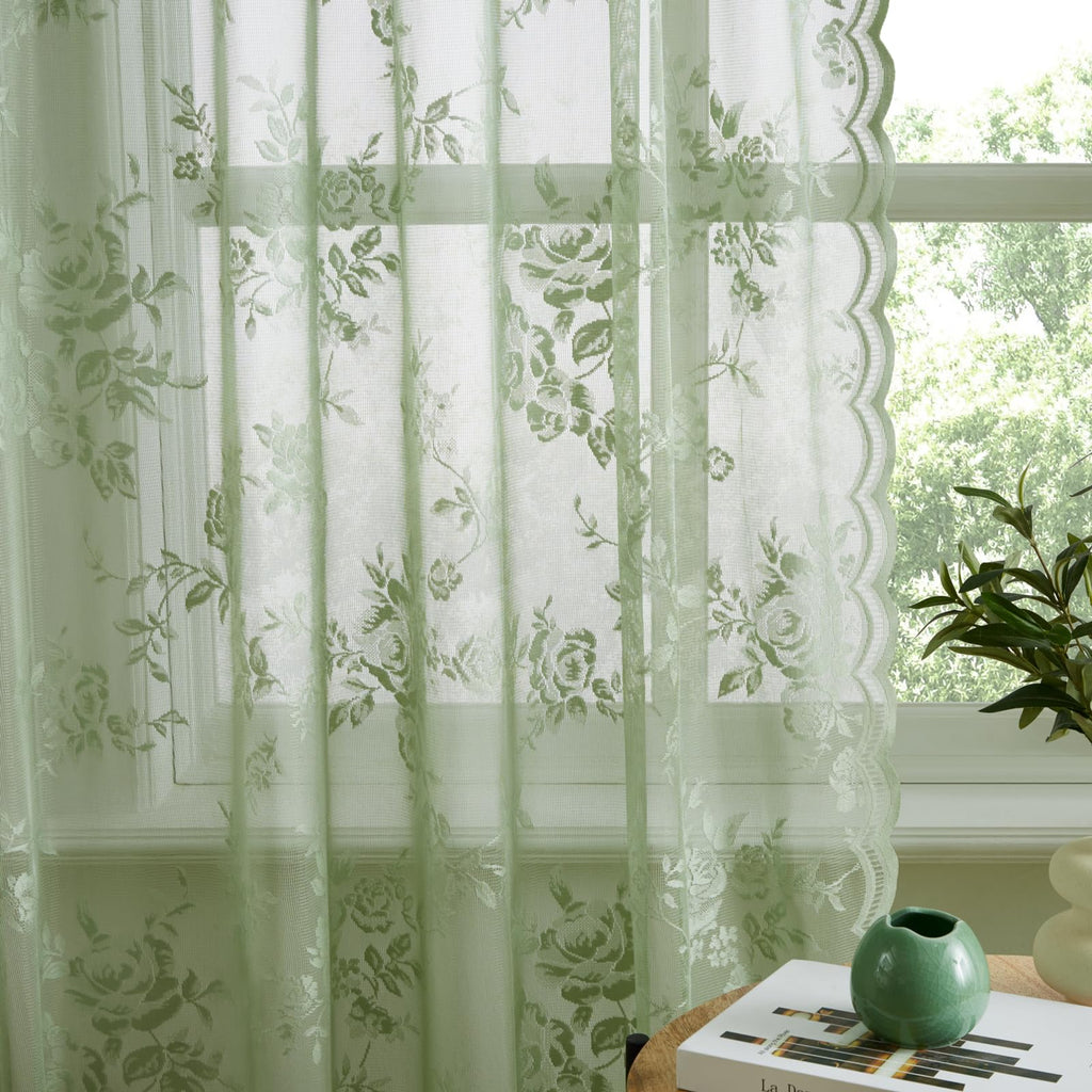 Sage Green Lace Curtains 108 Inches Long Spring Country Floral Sheer Curtains Rod Pocket Light Filtering Vintage