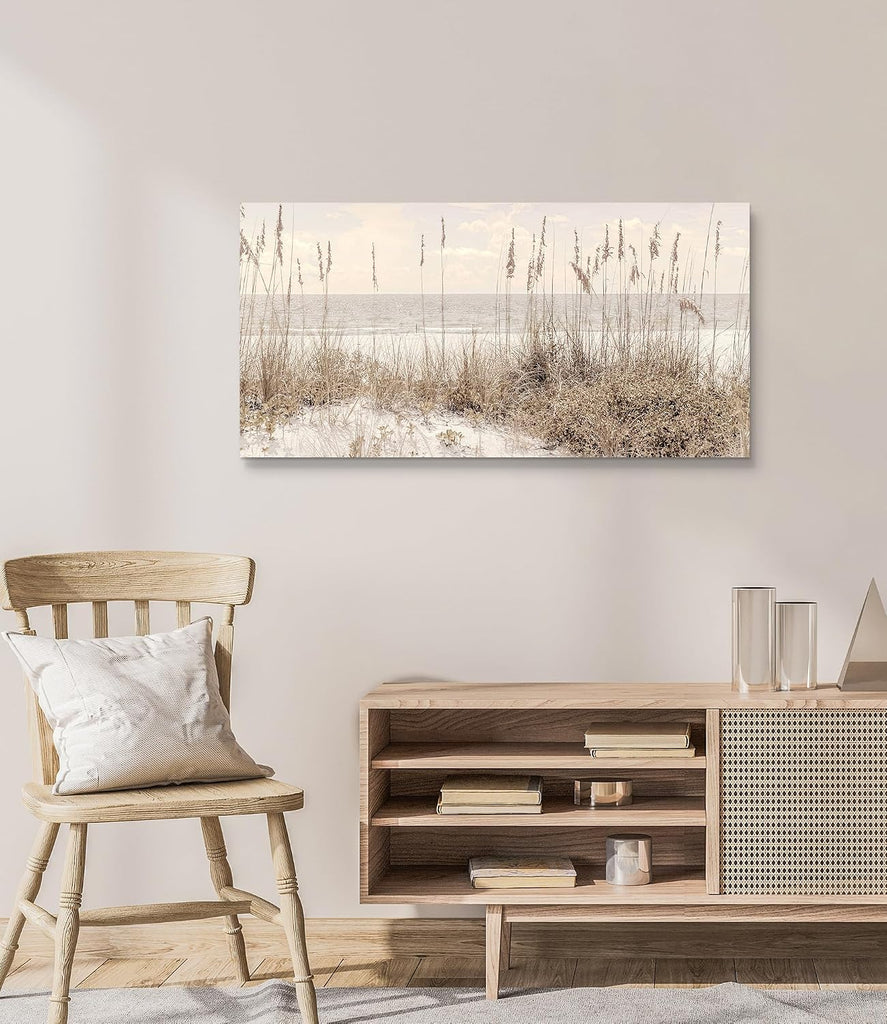 Beach Wall Art Canvas Decor: Coastal Scene Ocean Picture Sea Seascape Artwork Seaside Seashore Grass Painting Print
