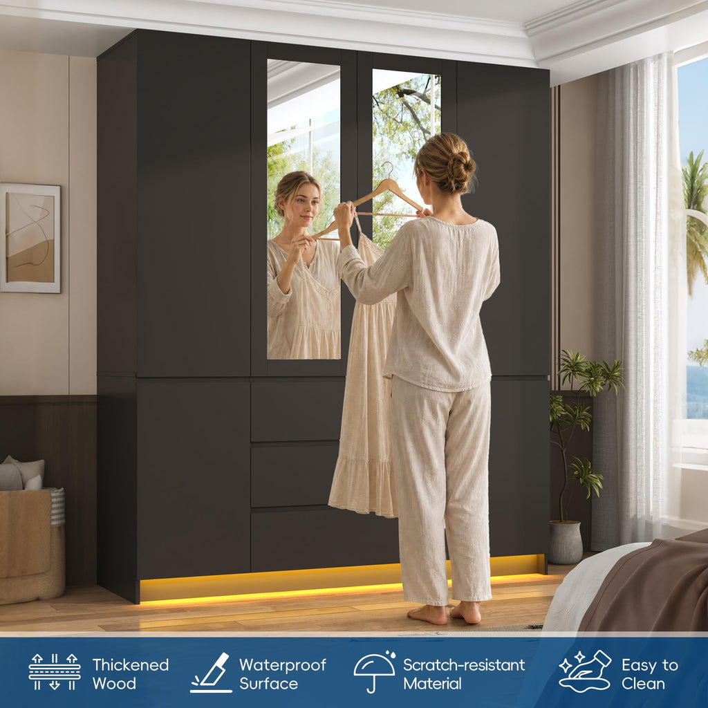 75" Tall Modern Wardrobe Closet with 2 Mirrors, LED Lights, 63"W Armoire Wardrobe Cabinet with 3 Drawers, Hanging