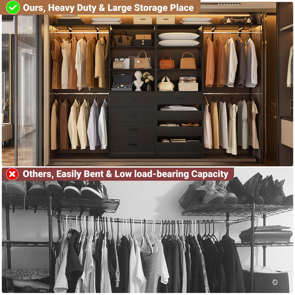 Closet System, Wood Closet Organizer System with 8 Drawers &4 Rods