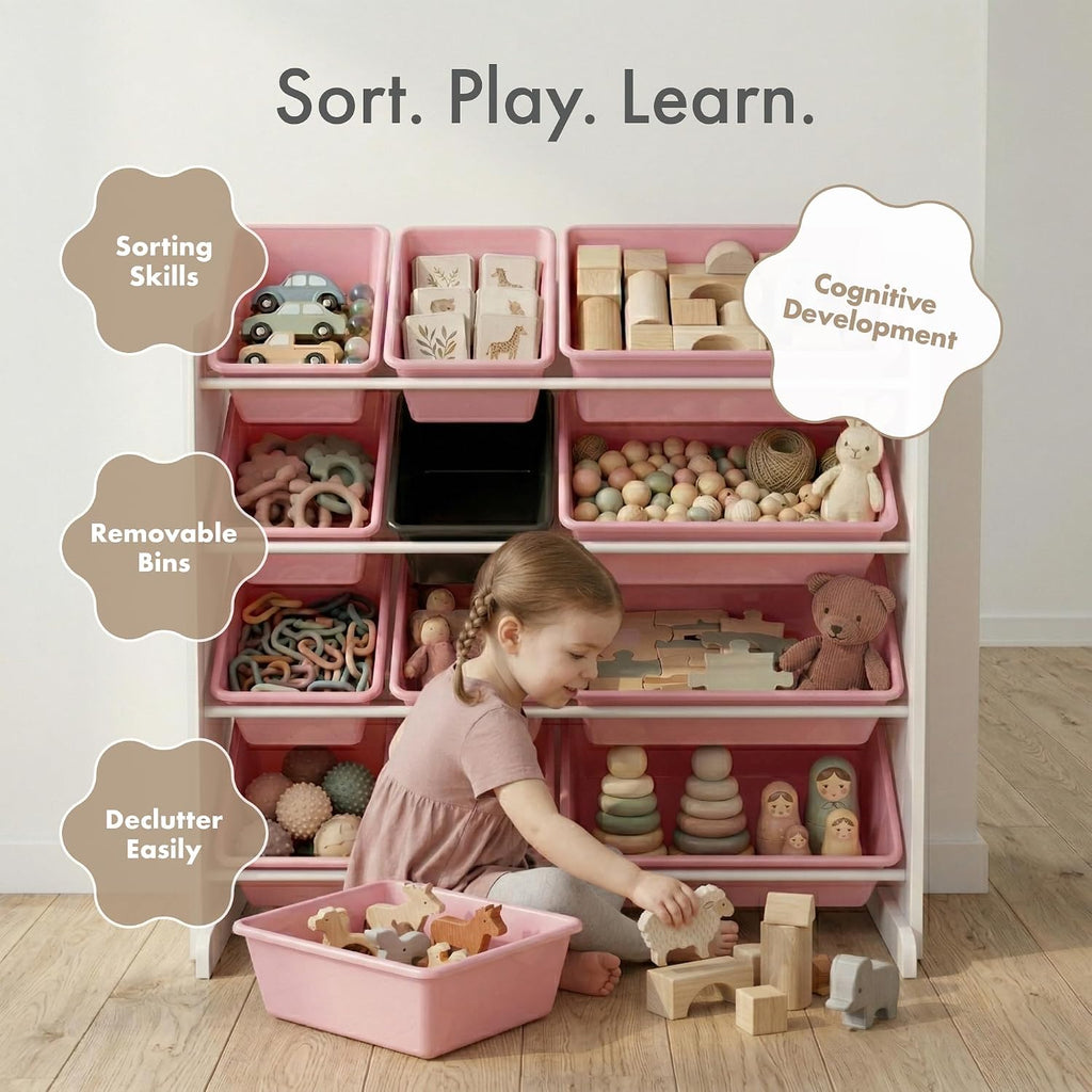 Kids Toy Organizer with 12 Bins, 4 Tier Storage | Sturdy wood and steel toddler shelf, removable BPA-free containers