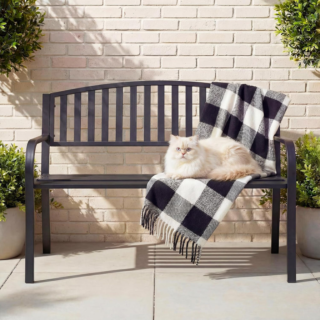 50" Outdoor Garden Bench, Iron Metal Frame Patio Bench with Backrest and Armrests, Weatherproof Anti-Rust Outdoor
