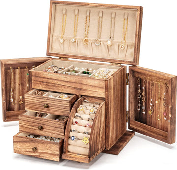 Jewelry Box Organizer, Solid Wood Jewelry Boxes for Women for Storage & Display Necklace Ring Earring Bracelet