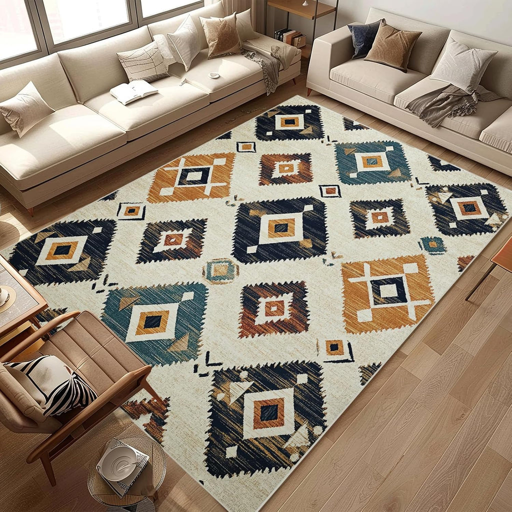 9x12 Western Aztec Rug Southwestern Tribal Navajo Black Beige Tan Area Rug Non Slip Low Pile Thin Large Carpet