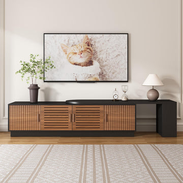 70.1"-100" Mid Century Modern TV Stand for 85" 90" 100" TVs, Extendable TV Stand with 4 Storage Cabinets, Adjustable